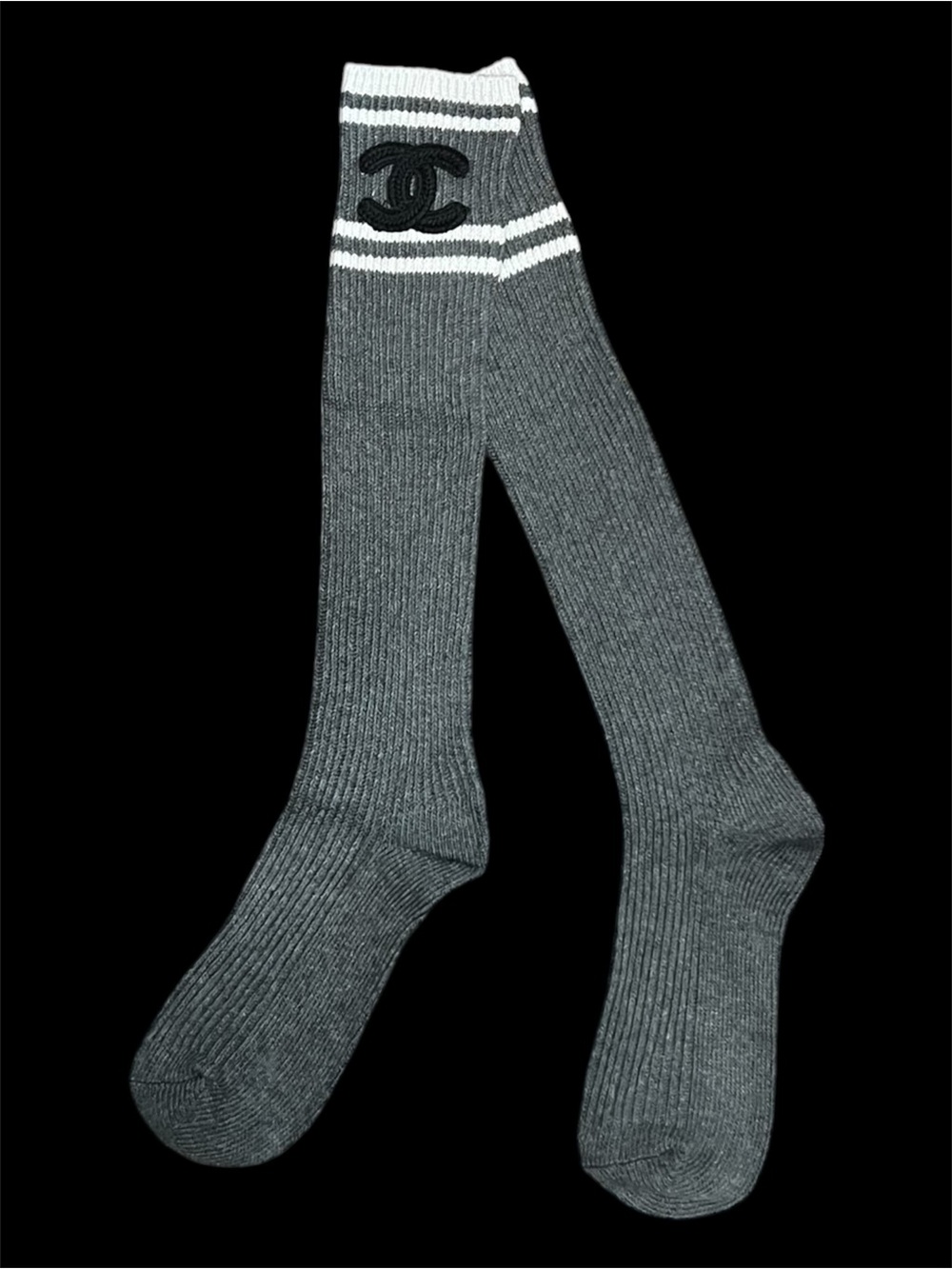 ChaneI Gray and white with Black Logo Knee Hight Socks Ribbed New